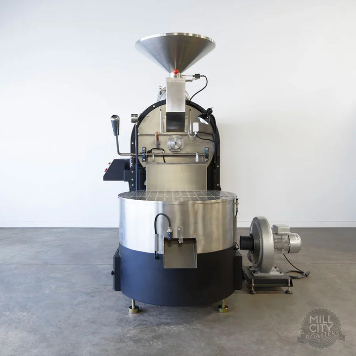 Mill City MCR-15 20kg drum coffee roaster for hourly rental at the Inheritance Roastery co-roasting space, Pensacola, FL