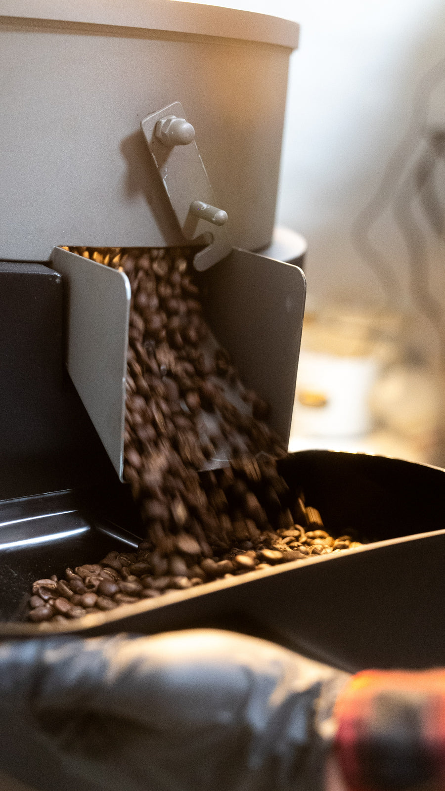 Freshly roasted coffee pouring from the roaster at the Inheritance Roastery, Pensacola, FL co-roasting space