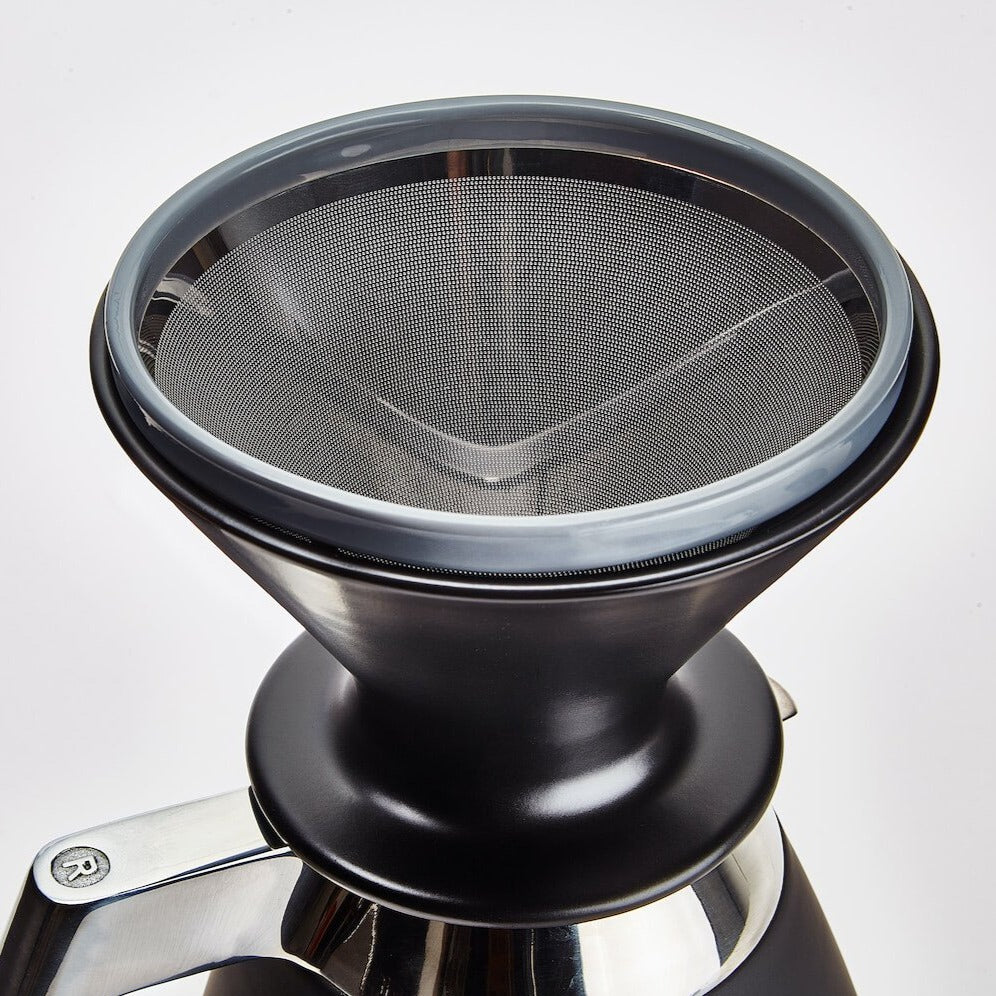 Black Able Kone filter seated in a Ratio coffee machine - batch brew gear from Inheritance Coffee, Pensacola, FL