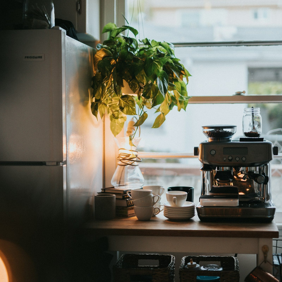 Silver and black espresso machine on a counter
