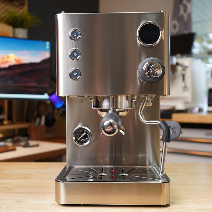 Turin Legato V2 stainless espresso machine on a desk - home espresso gear from Inheritance Coffee, Pensacola, FL
