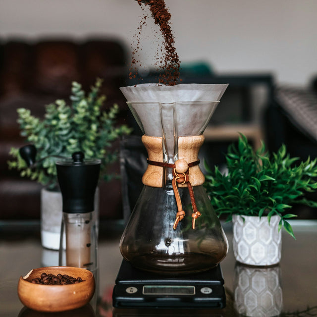 A person tipping ground coffee into a brewer, the dose that sets the coffee to water ratio