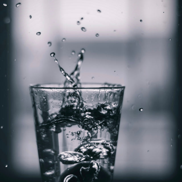 Water pouring into a clear drinking glass, the brewing water that carries every cup of coffee - Inheritance Coffee, Pensacola, FL roaster for home brewers and cafes