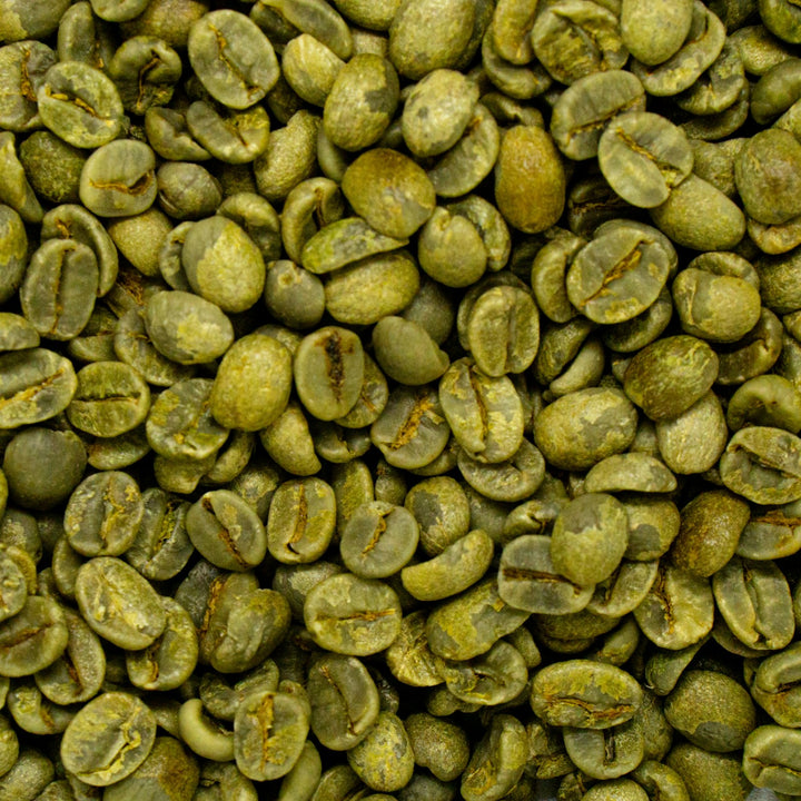 Raw green coffee beans piled on a table, the form coffee is in when it goes out for decaffeination - Inheritance Coffee, Pensacola, FL roaster for home brewers and cafes