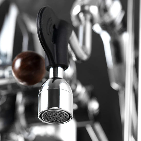 Turin Gallatin steam wand with wood knob, close view - equipment from Inheritance Coffee, Pensacola, FL serving cafes, churches and home brewers