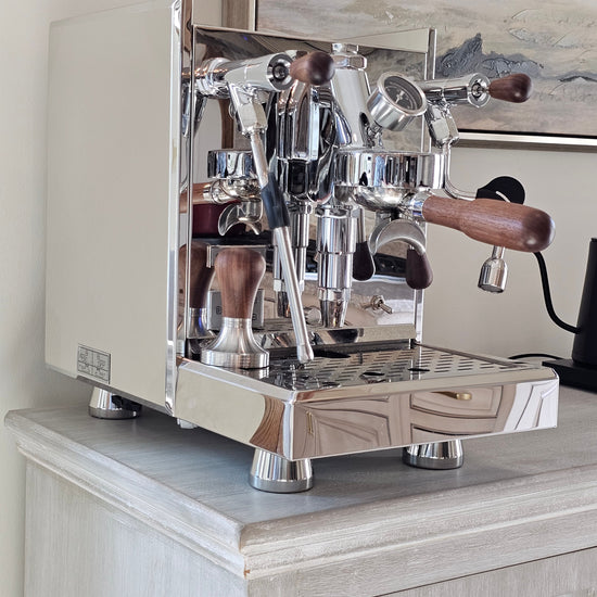 Turin Gallatin V espresso machine in stainless on a counter, from Inheritance Coffee in Pensacola, FL for home brewers and cafes