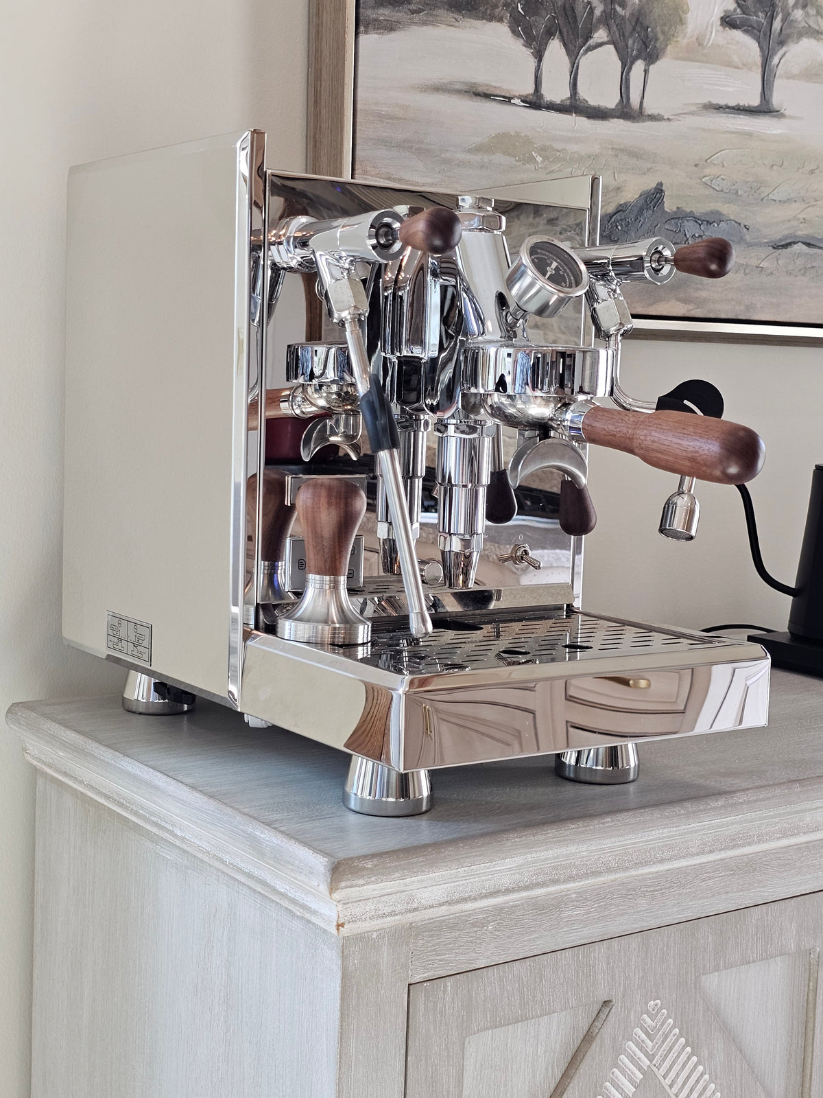 Turin Gallatin V espresso machine in stainless on a counter, from Inheritance Coffee in Pensacola, FL for home brewers and cafes