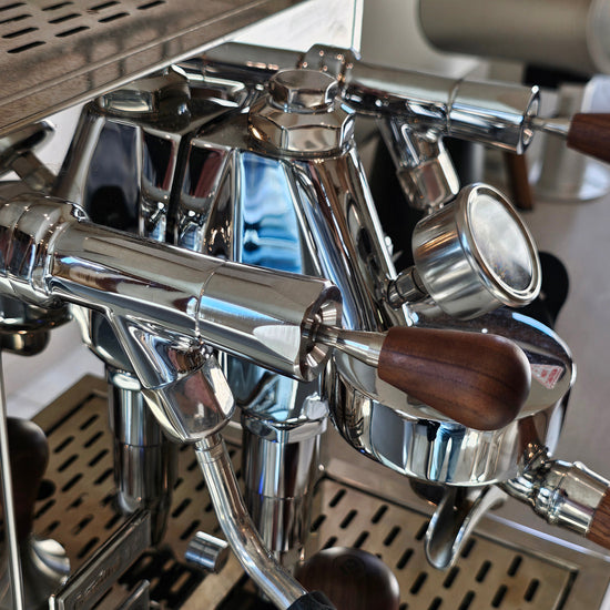 Turin Gallatin V group head and steam wands with wood handles, from Inheritance Coffee in Pensacola, FL for home brewers and cafes