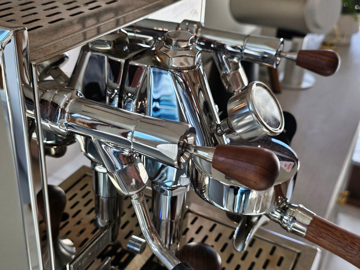Turin Gallatin V group head and steam wands with wood handles, from Inheritance Coffee in Pensacola, FL for home brewers and cafes