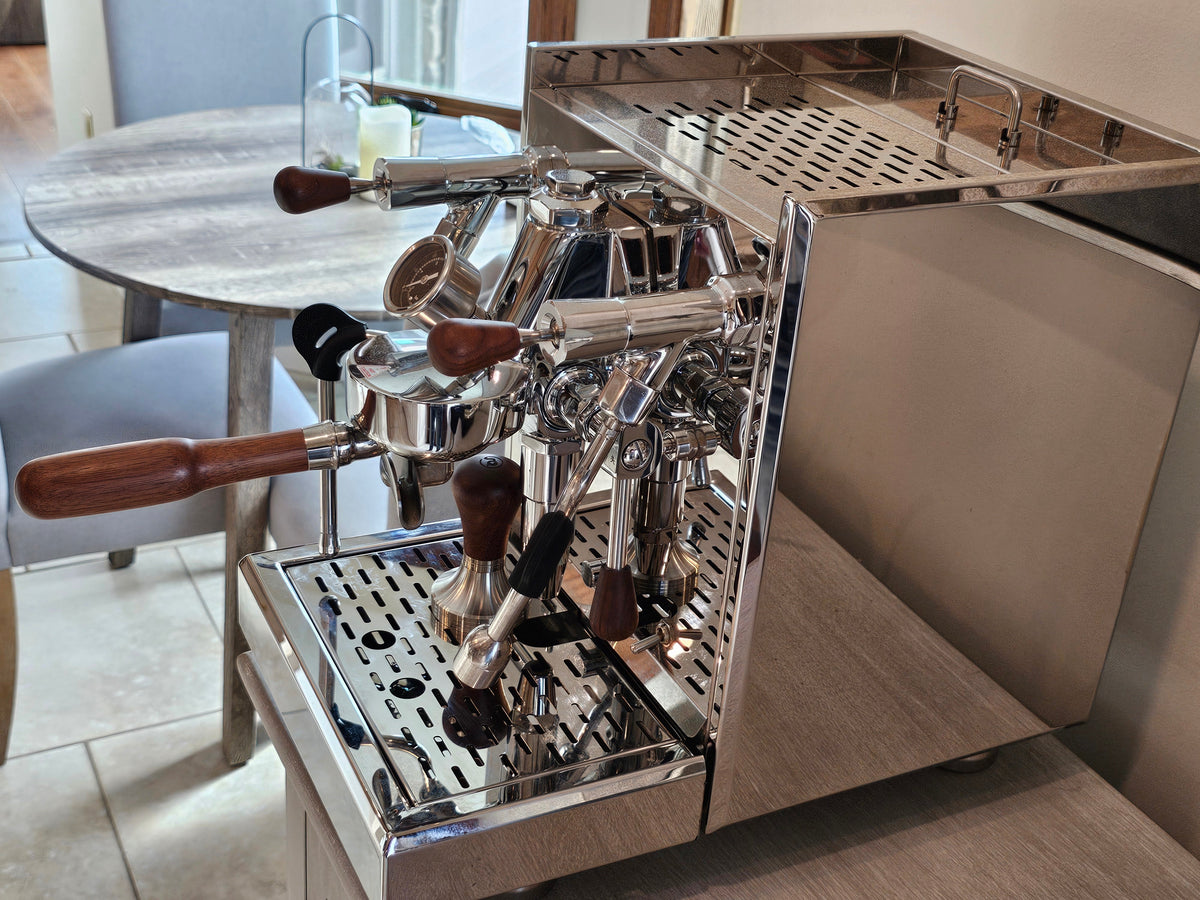 Turin Gallatin espresso machine with side panel open - equipment from Inheritance Coffee, Pensacola, FL serving cafes, churches and home brewers