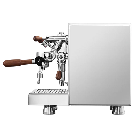 Turin Gallatin espresso machine in stainless, side view - equipment from Inheritance Coffee, Pensacola, FL serving cafes, churches and home brewers