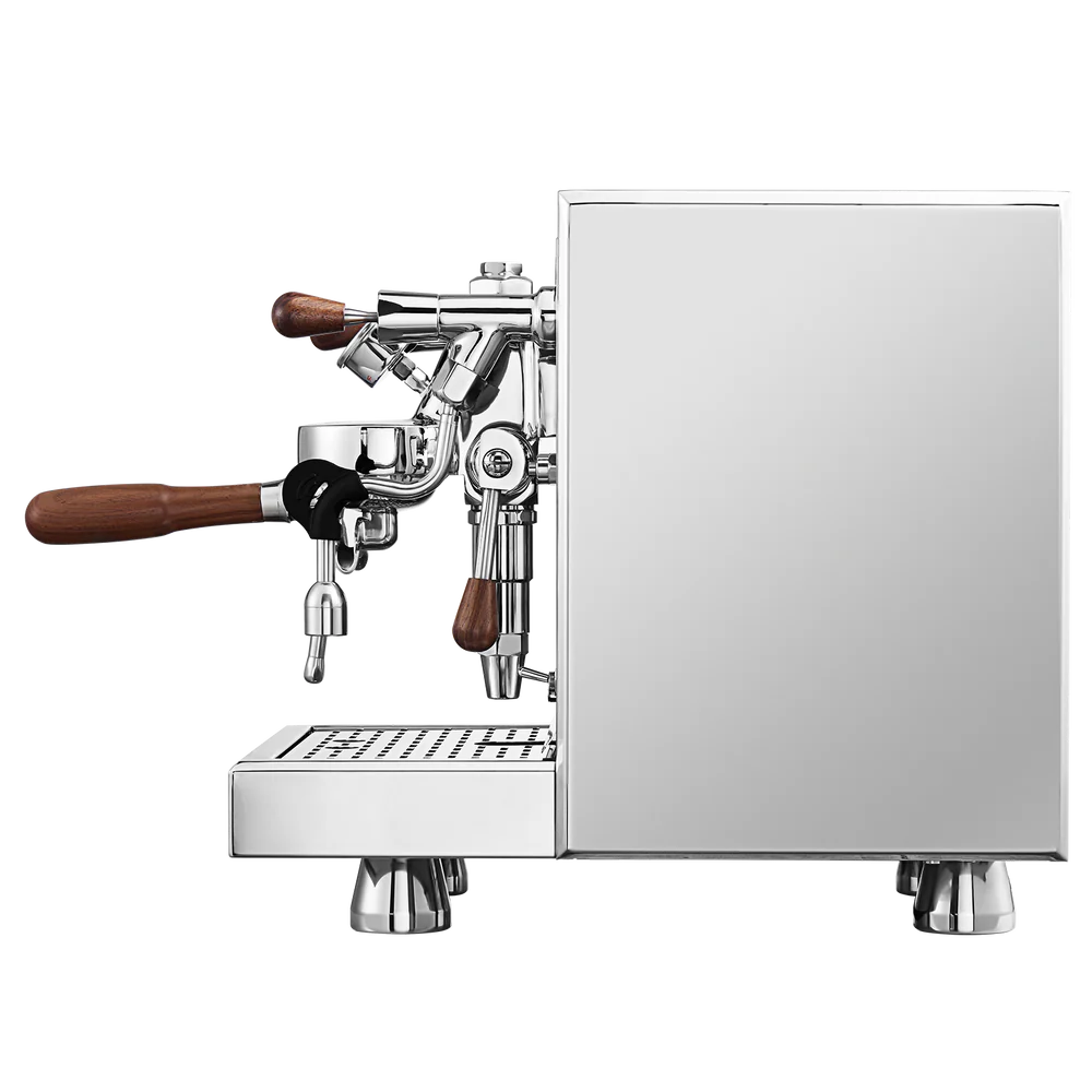 Turin Gallatin espresso machine in stainless, side view - equipment from Inheritance Coffee, Pensacola, FL serving cafes, churches and home brewers