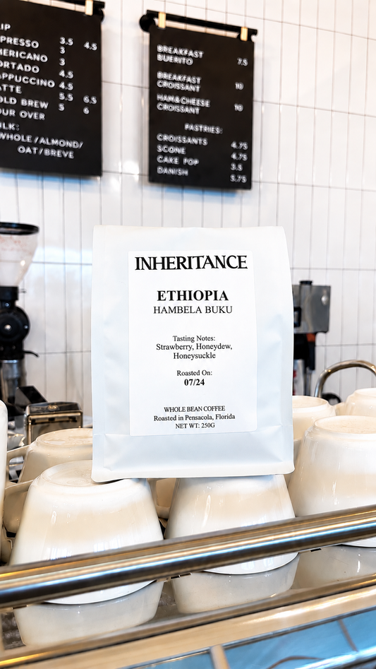 Bag of Ethiopia Hambela Buku coffee on a cafe shelf, from Inheritance Coffee, Pensacola, FL specialty roaster for cafes, churches and home brewers