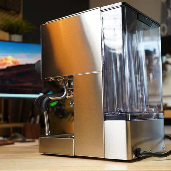 Turin Legato V2 espresso machine, side view with water tank, from Inheritance Coffee in Pensacola, FL for home brewers and cafes