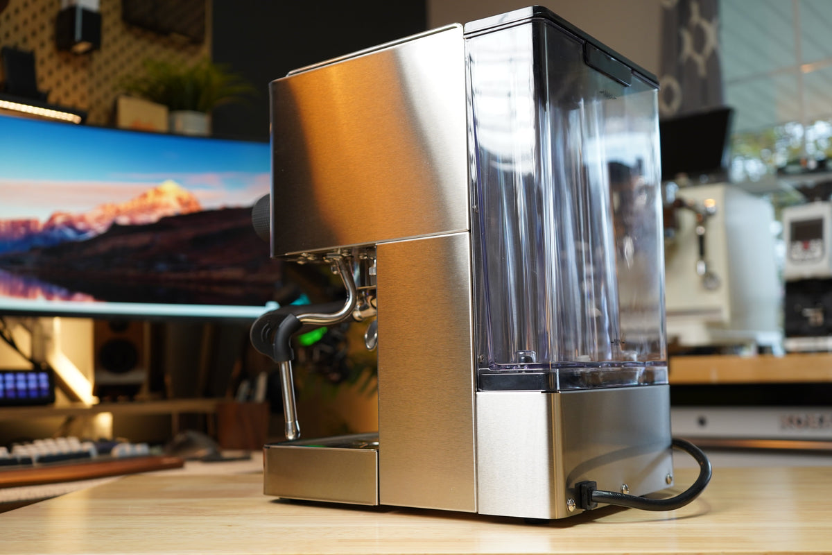 Turin Legato V2 espresso machine, side view with water tank, from Inheritance Coffee in Pensacola, FL for home brewers and cafes