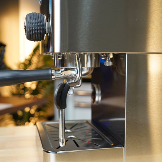 Turin Legato V2 group head and portafilter, close view, for home baristas and cafes from Inheritance Coffee in Pensacola, FL