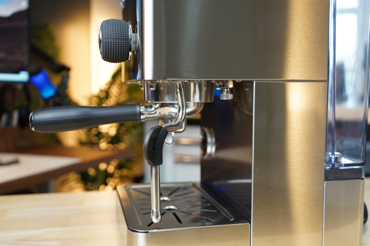 Turin Legato V2 group head and portafilter, close view, for home baristas and cafes from Inheritance Coffee in Pensacola, FL