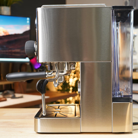 Turin Legato V2 stainless machine, rear side view, for home baristas and cafes from Inheritance Coffee in Pensacola, FL