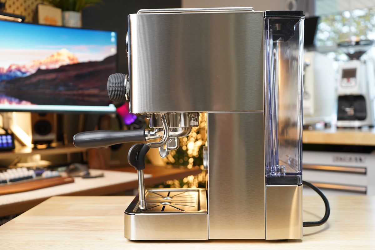 Turin Legato V2 stainless machine, rear side view, for home baristas and cafes from Inheritance Coffee in Pensacola, FL