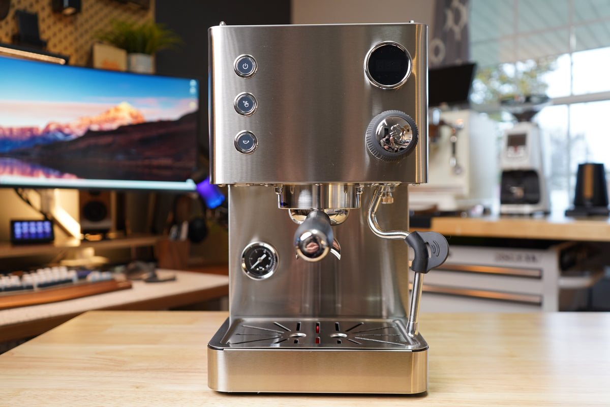 Turin Legato V2 stainless espresso machine on a desk, from Inheritance Coffee in Pensacola, FL for home brewers and cafes
