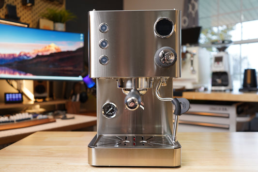 Turin Legato V2 stainless espresso machine on a desk, from Inheritance Coffee in Pensacola, FL for home brewers and cafes