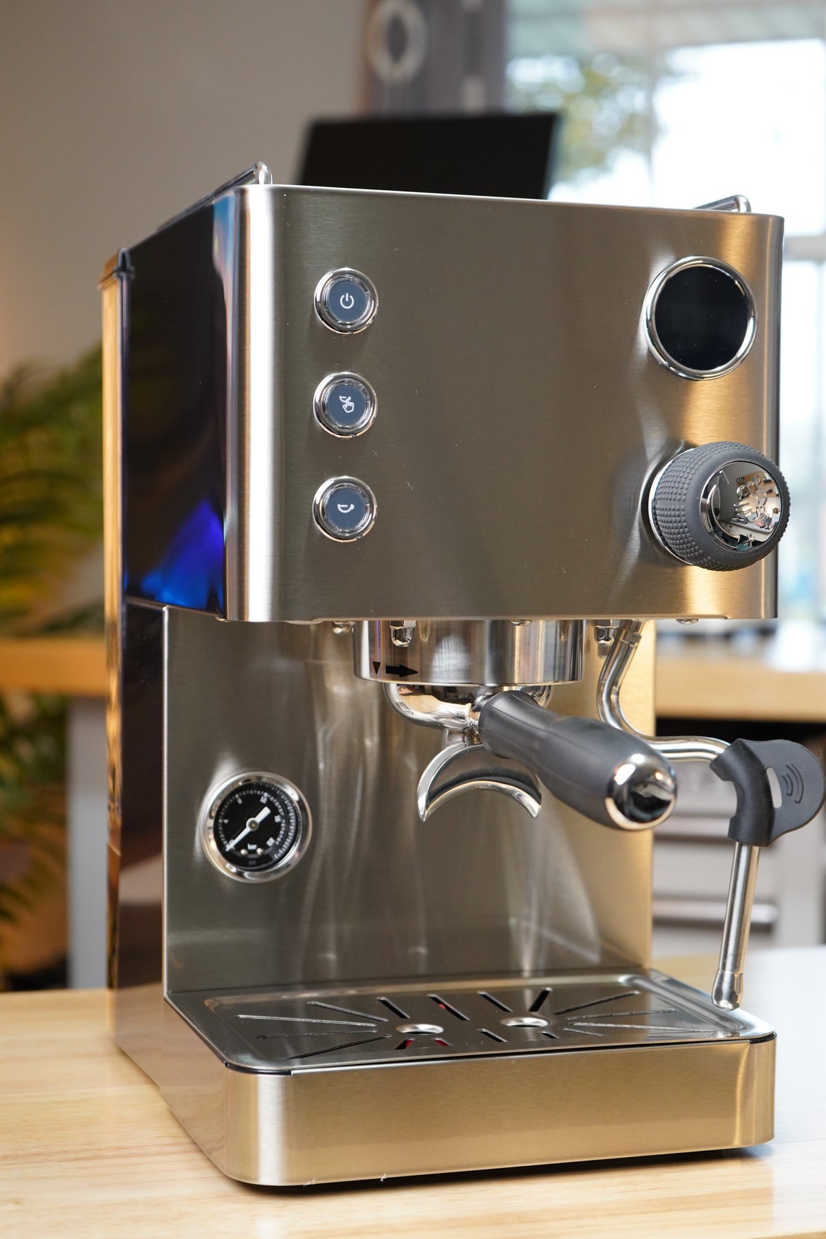 Turin Legato V2 stainless machine with portafilter, angled view, for home baristas and cafes from Inheritance Coffee in Pensacola, FL