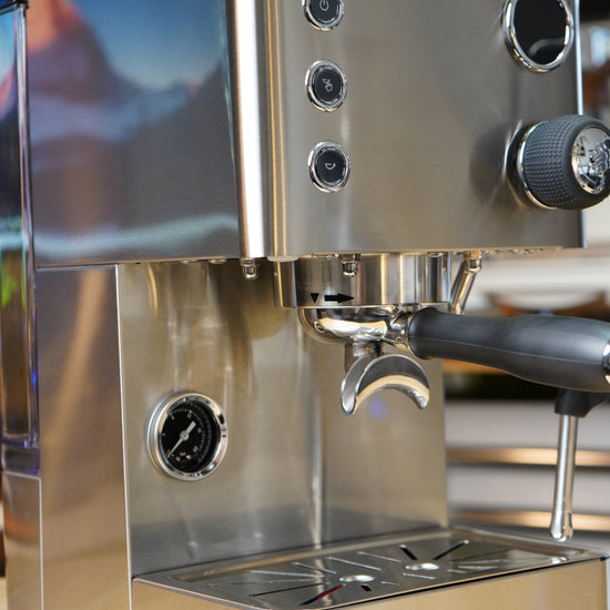 Turin Legato V2 stainless espresso machine, three-quarter view, from Inheritance Coffee in Pensacola, FL for home brewers and cafes
