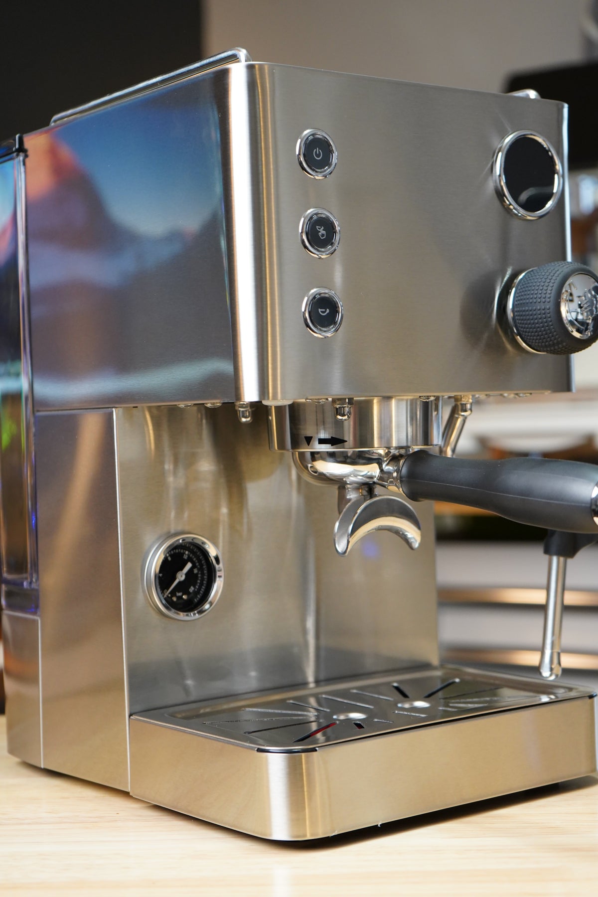 Turin Legato V2 stainless espresso machine, three-quarter view, from Inheritance Coffee in Pensacola, FL for home brewers and cafes