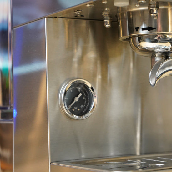 Turin Legato V2 stainless machine pressure gauge side, from Inheritance Coffee in Pensacola, FL for home brewers and cafes