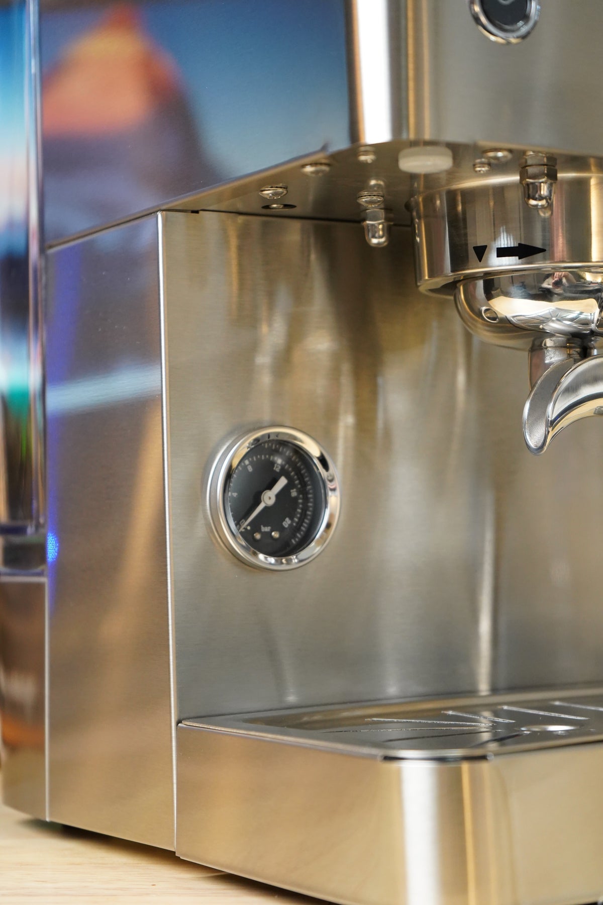 Turin Legato V2 stainless machine pressure gauge side, from Inheritance Coffee in Pensacola, FL for home brewers and cafes