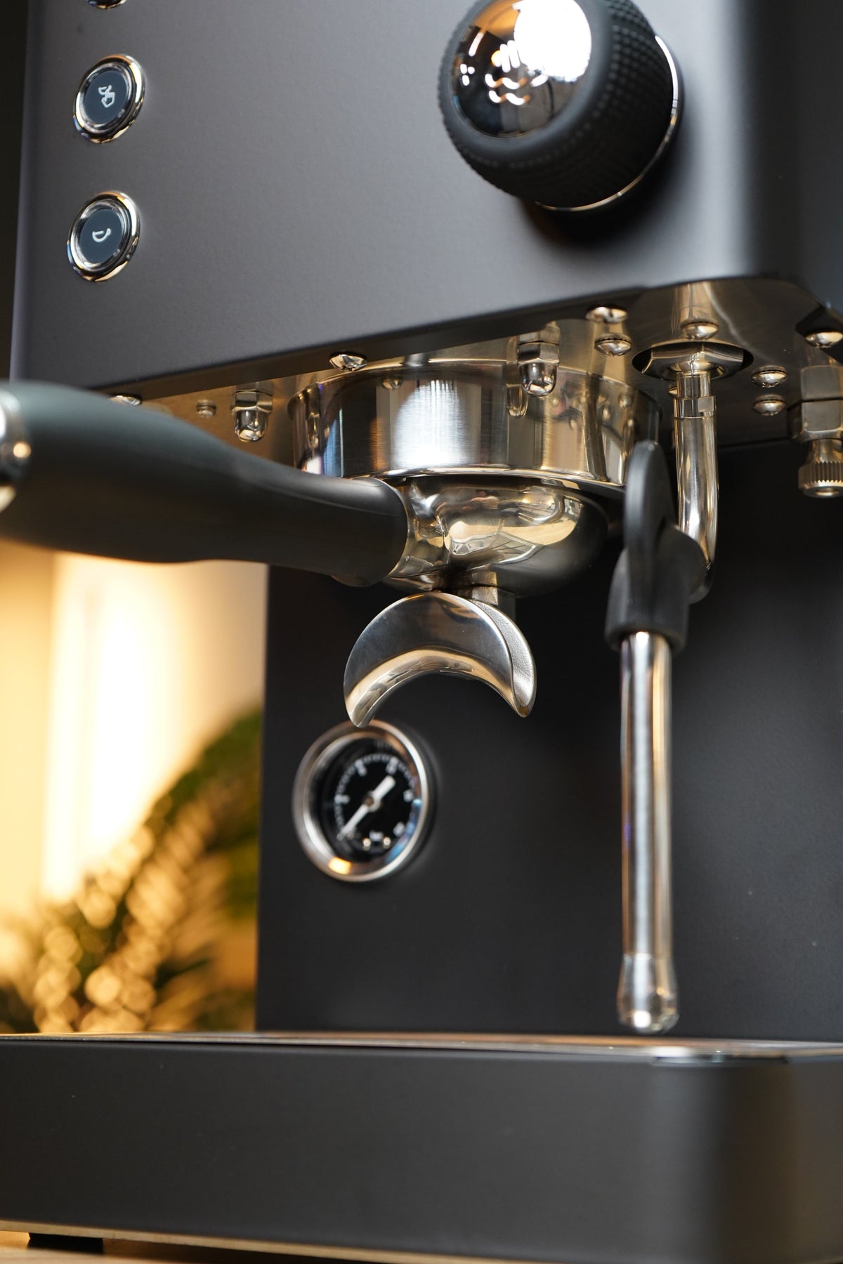 Turin Legato V2 black machine with portafilter, close view, for home baristas and cafes from Inheritance Coffee in Pensacola, FL