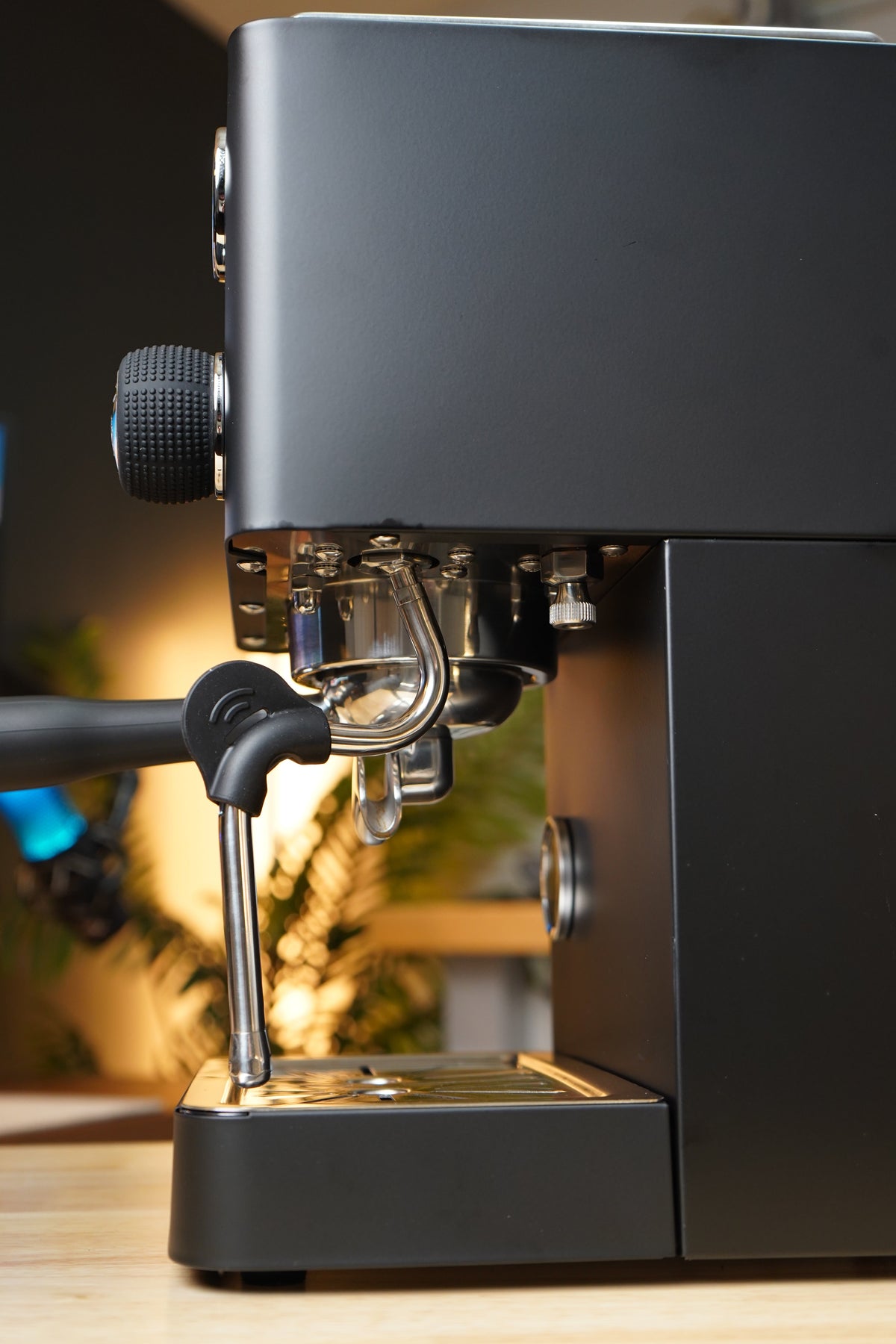 Turin Legato V2 black machine, side view of the steam wand, from Inheritance Coffee in Pensacola, FL for home brewers and cafes