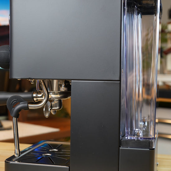 Turin Legato V2 black machine, side view with water tank, for home baristas and cafes from Inheritance Coffee in Pensacola, FL