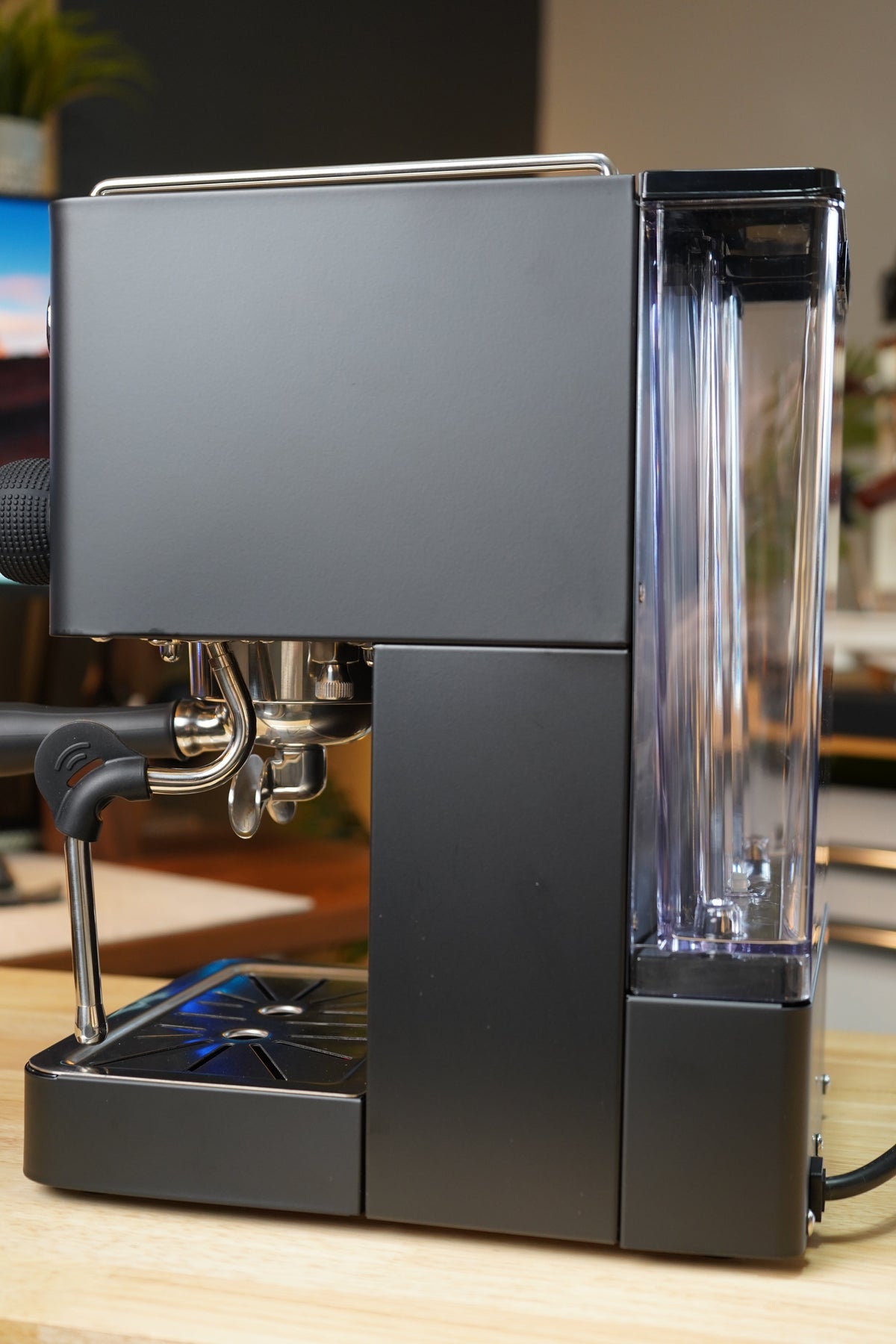 Turin Legato V2 black machine, side view with water tank, for home baristas and cafes from Inheritance Coffee in Pensacola, FL