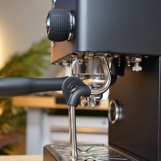 Turin Legato V2 black group head and drip tray, from Inheritance Coffee in Pensacola, FL for home brewers and cafes