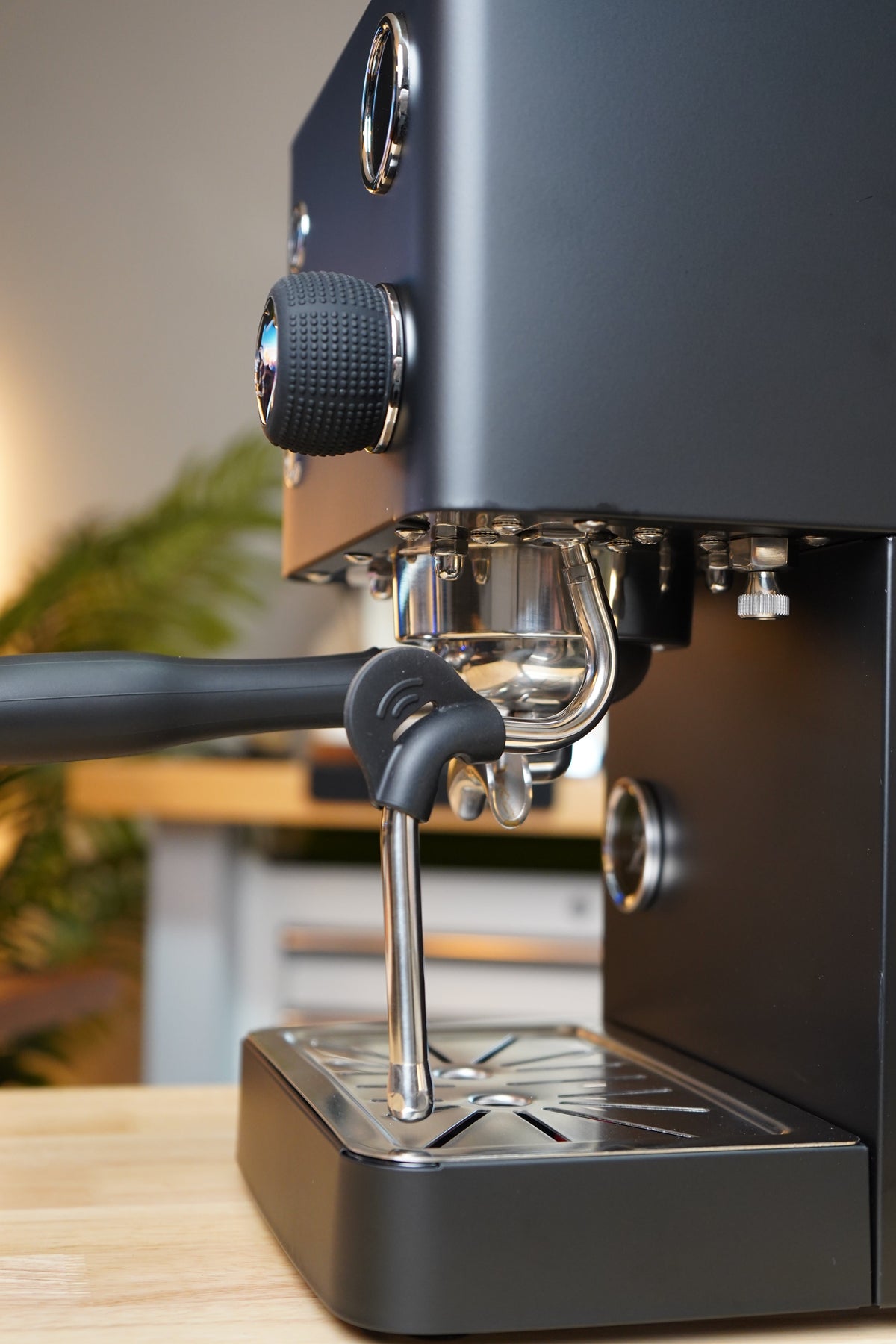 Turin Legato V2 black group head and drip tray, from Inheritance Coffee in Pensacola, FL for home brewers and cafes