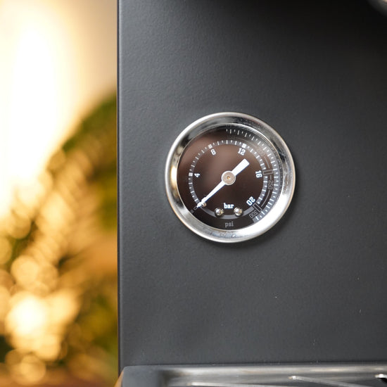 Turin Legato V2 pressure gauge, close view, from Inheritance Coffee in Pensacola, FL for home brewers and cafes