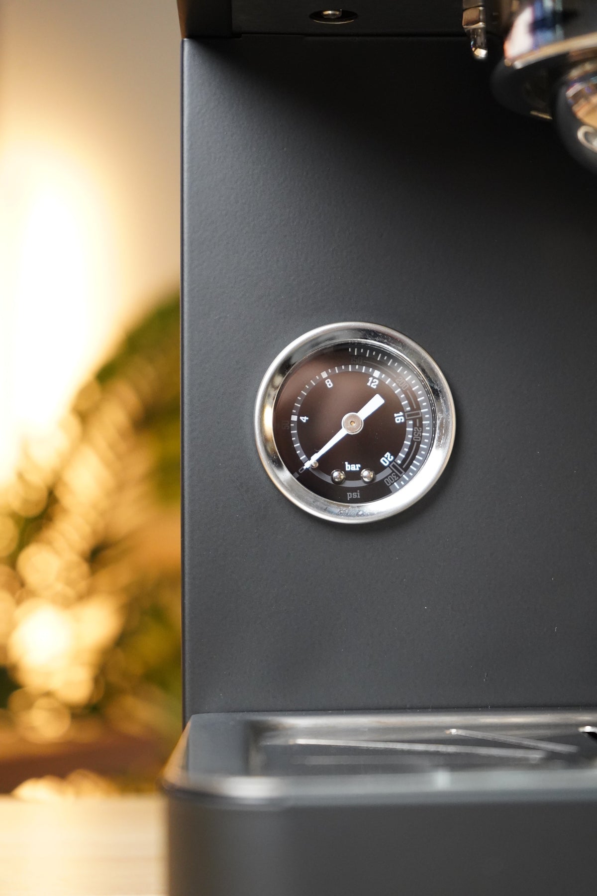 Turin Legato V2 pressure gauge, close view, from Inheritance Coffee in Pensacola, FL for home brewers and cafes