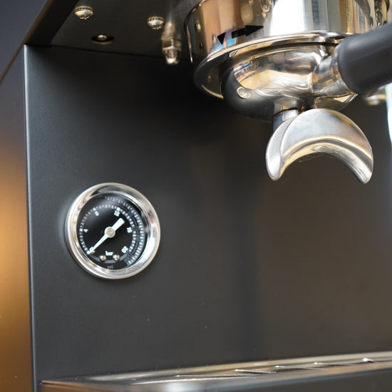 Turin Legato V2 black pressure gauge and portafilter, from Inheritance Coffee in Pensacola, FL for home brewers and cafes