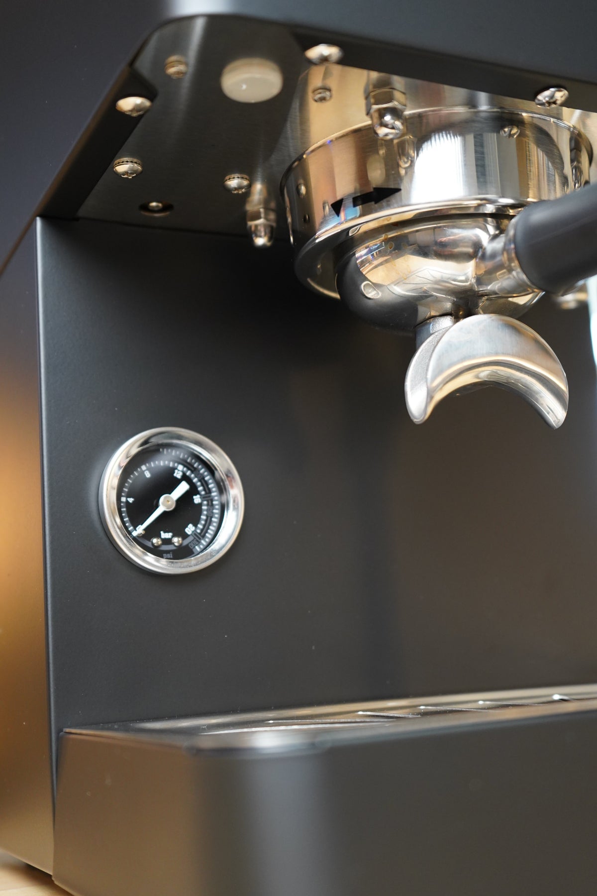 Turin Legato V2 black pressure gauge and portafilter, from Inheritance Coffee in Pensacola, FL for home brewers and cafes