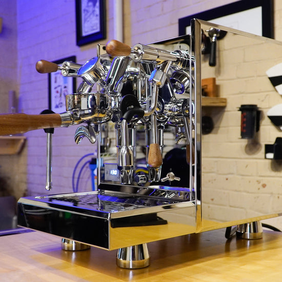 Turin Gallatin espresso machine with wood handles, detail view - equipment from Inheritance Coffee, Pensacola, FL serving cafes, churches and home brewers