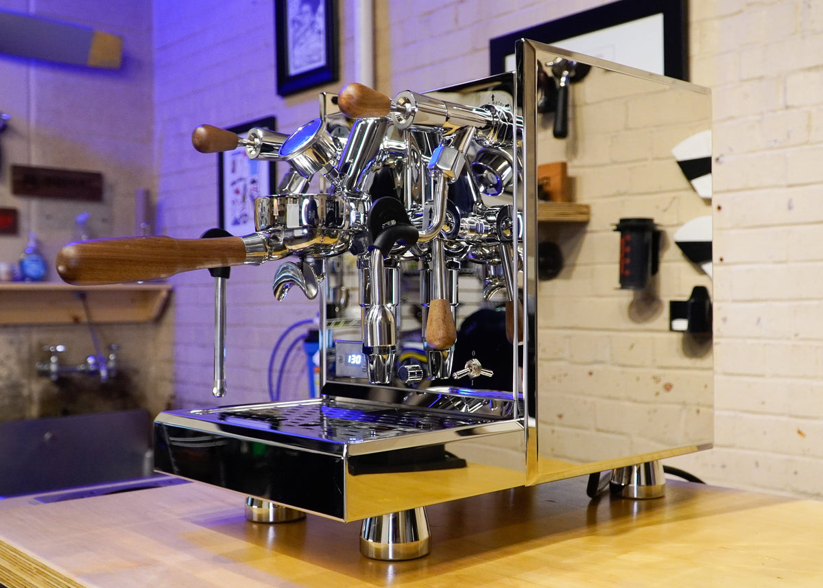 Turin Gallatin espresso machine with wood handles, detail view - equipment from Inheritance Coffee, Pensacola, FL serving cafes, churches and home brewers