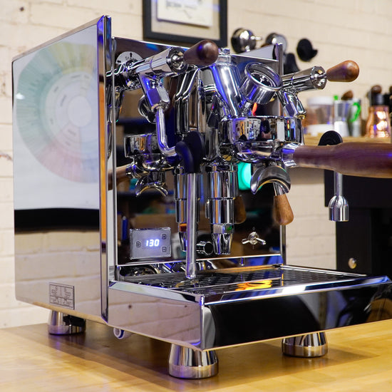 Turin Gallatin espresso machine with wood handles, detail view - equipment from Inheritance Coffee, Pensacola, FL serving cafes, churches and home brewers
