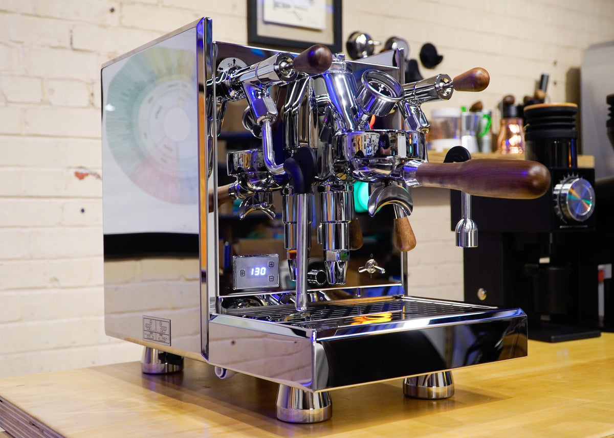 Turin Gallatin espresso machine with wood handles, detail view - equipment from Inheritance Coffee, Pensacola, FL serving cafes, churches and home brewers