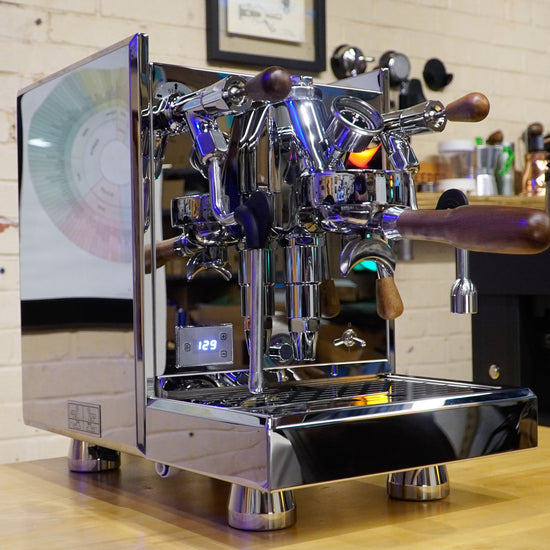 Turin Gallatin V stainless espresso machine on a home coffee bar, from Inheritance Coffee in Pensacola, FL for home brewers and cafes