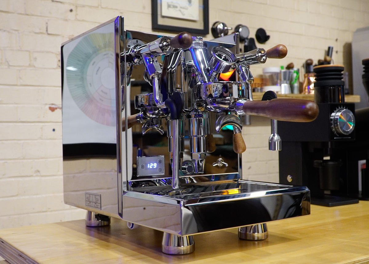 Turin Gallatin V stainless espresso machine on a home coffee bar, from Inheritance Coffee in Pensacola, FL for home brewers and cafes