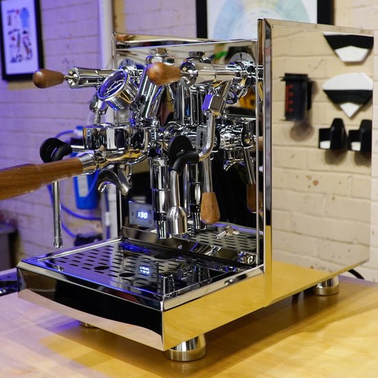 Turin Gallatin stainless espresso machine on a home coffee bar - equipment from Inheritance Coffee, Pensacola, FL serving cafes, churches and home brewers