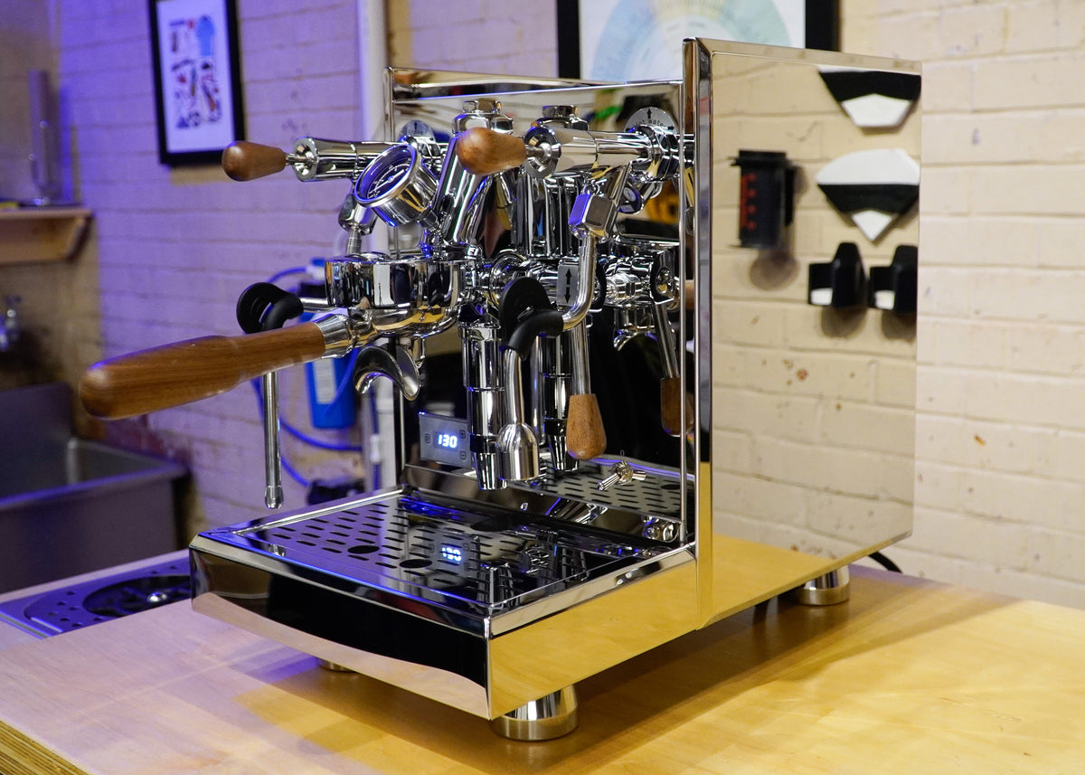 Turin Gallatin stainless espresso machine on a home coffee bar - equipment from Inheritance Coffee, Pensacola, FL serving cafes, churches and home brewers