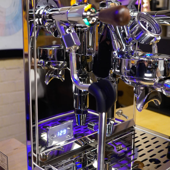 Turin Gallatin V stainless espresso machine, angled front view, from Inheritance Coffee in Pensacola, FL for home brewers and cafes