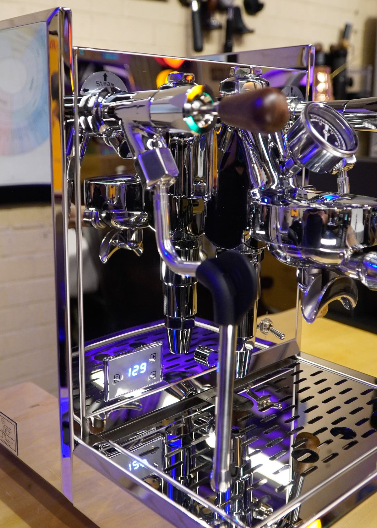 Turin Gallatin V stainless espresso machine, angled front view, from Inheritance Coffee in Pensacola, FL for home brewers and cafes